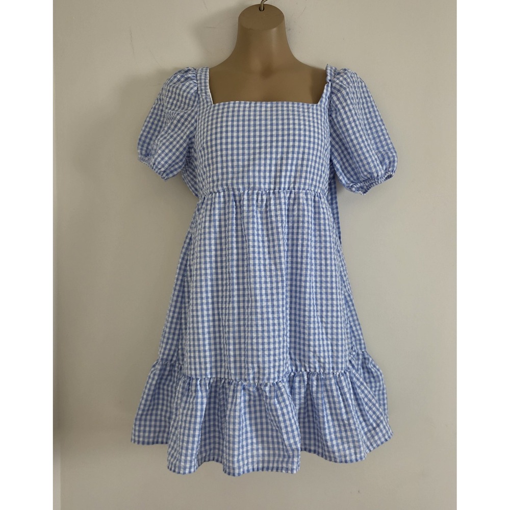 Rue21 Blue White Gingham Check Puff Sleeve Babydoll Mini Dress S